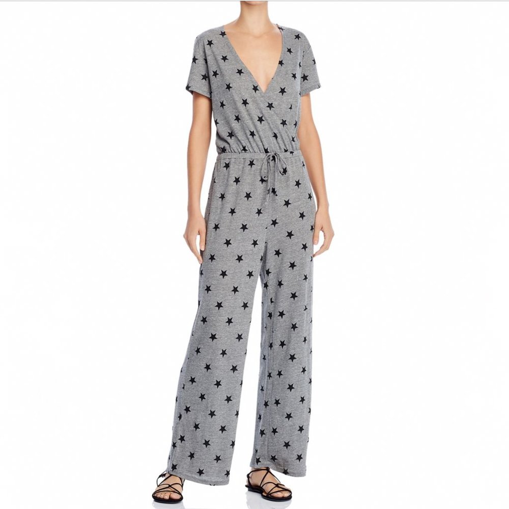 Alternative Jumpsuit Women Faux Wrap V-Neck Star Print Straight Leg Knit Gray - Picture 1 of 7